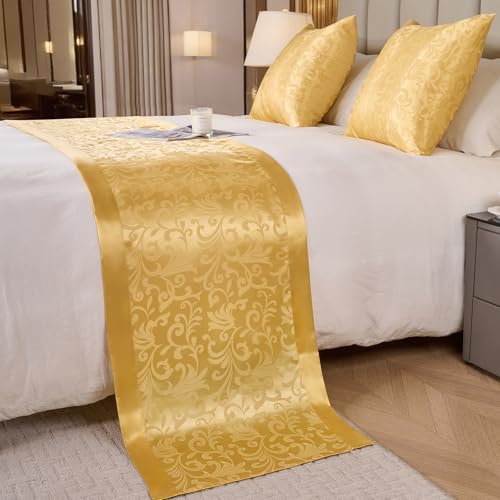 Cobedzy Gold Satin Bed Runner for King Size Beds(1.8m), 50 x 240cm(20" x 94") Jacquard Bed Scarf Satin Bedding Scarves for Hotel, Home, Guesthouse Cobedzy