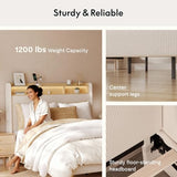 FLEXISPOT 51” King Bed Frame with LED Lights, Charging Station & Storage Shelf, Elegant Corduroy Upholstered Platform Bed with Tall Wingback Headboard, No Box Spring Needed, Beige FLEXISPOT