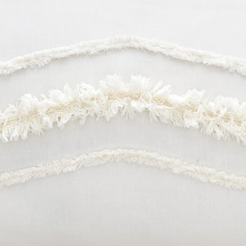 Bohemian Boho Chic Ivory Macrame Tufted Tassel 3 pc. Full / Queen Size Bed Bedding Set Duvet Comforter Cover Sham Solid Cream Textured Minimalist Off White Cotton Fringe Farmhouse Indie Neutral Rustic KB & Me