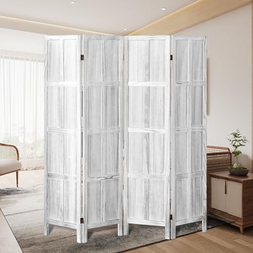 Asnefeli Wood Room Divider 4 Panel, 5.6 FT Tall Room Divider and Folding Privacy Screen, Partition Divider for Room Separation, Wooden Wall Divider Screen for Home Office Bedroom (Retro White) Asnefeli