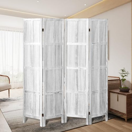 Asnefeli Wood Room Divider 4 Panel, 5.6 FT Tall Room Divider and Folding Privacy Screen, Partition Divider for Room Separation, Wooden Wall Divider Screen for Home Office Bedroom (Retro White) Asnefeli