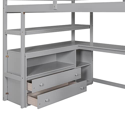 Harper & Bright Designs Grey Full Size Loft Bed with Desk, Storage Stairs, and Shelves - WoodArtSupply