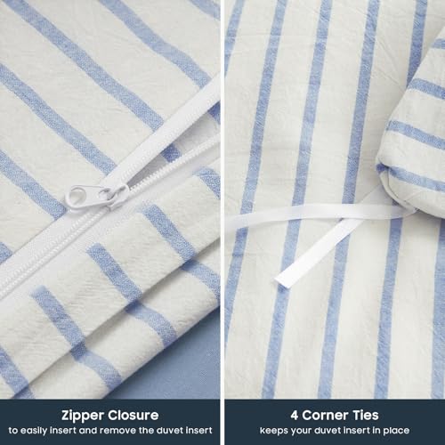 Wake In Cloud - Striped Cotton Duvet Cover Set, Ticking Stripe Vertical Pinstripe Farmhouse, 100% Washed Cotton Textured Percale Bedding Set, 3 Pieces, Blue White, Twin Size Wake In Cloud