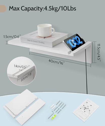 Mazjoaru White Floating Nightstand 16inch, Modern Natural Pine Wood Night Stand Floating Wall Shelves with Phone Slot, Cord Holes, Small Narrow Nightstands Bedside Tables for Bedroom Dorm Bedside Mazjoaru