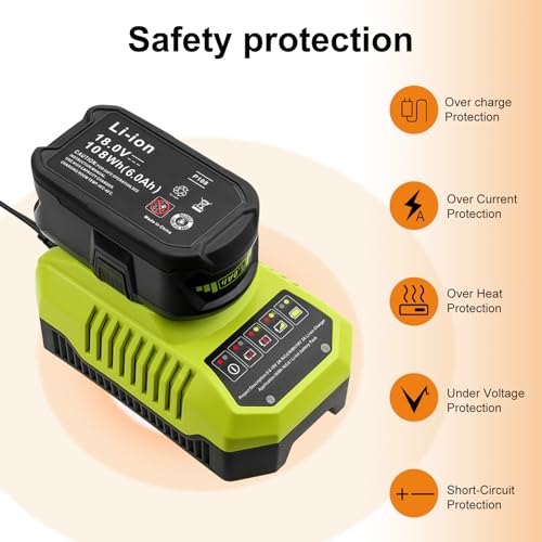 Upgraded 6000mAh P102 & P117 Charger Replacement for Ryobi 18V Battery and Charger Combo Compatible with Ryobi 18V Battery P102 P103 P104 P105 P107 P108 P109 P190(Green) TOPBATT