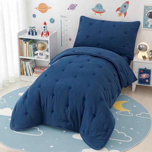 DreLunis 4-Piece Toddler Bedding Set for Boys Navy Blue Embroidery Kids Comforter Sets Soft Breathable Toddler Bed-in-a-Bag Includes Comforter, Flat Sheet, Fitted Sheet, Pillowcase DreLunis