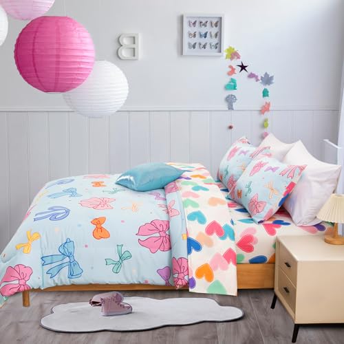A Nice Night Full Size Bed in A Bag Bow Comforter Set for Kids,Quilt Bedding Set with Bowknot & Chic Polka Dot Pattern,Blue Background Room Decor for Girls A Nice Night