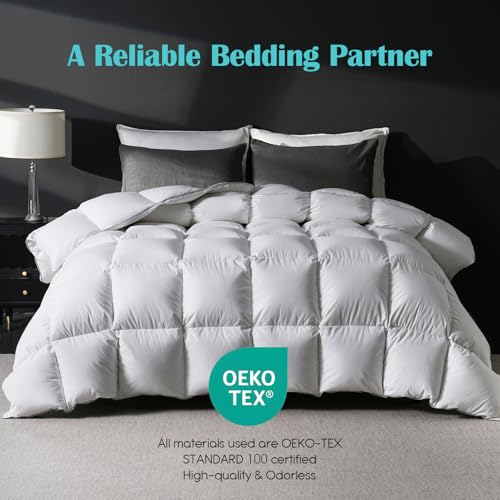 Yalamila Goose Feather Down Fiber Comforter Queen Size, 100% Cotton Ultra Soft Fluffy Duvet Insert Queen, All Season Luxurious Hotel Bedding Comforter with 8 Loops, White 90"x90" Yalamila