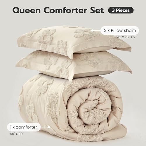 Joiedomi Tufted Full Size Comforter Set, 3 Pieces Beige Boho Full Bedding Set with 1 Boho Flower Comforter and 2 Pillow Shams, Bed in a Bag for All Seasons Joiedomi
