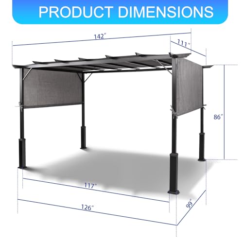 Backyard Expressions 12 x 9 Metal Flat Top Pergola with Adjustable Grey Sling Top - WoodArtSupply