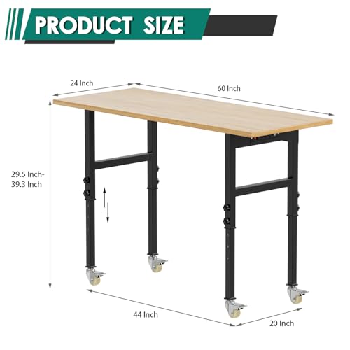 Adjustable Heavy Duty Workbench with Metal Wheels,Rubber Wood Top Working Table, 2500 LBS Load Capacity with for Workshop and Office,etc. DUSACOM