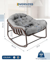 GarveeLife Outdoor Papasan Rocking Chair, Oversized Wicker Lounge Chair with Cushion and Metal Frame, Patio Rattan Egg Rocker for Balcony Backyard Porch Bedroom, Grey