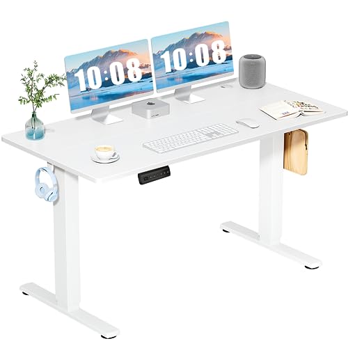DUMOS 55 Inch Electric Standing Desk Height Adjustable, Sit to Stand Computer Workstations Large Work PC Table Home Office Writing Gaming Desks with Memory Presets for Walking Pad, Bedroom, White DUMOS