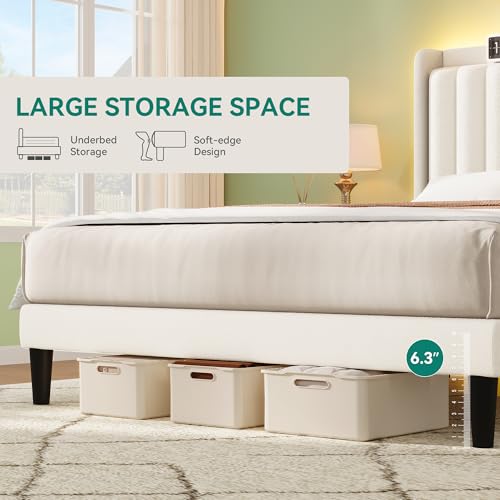 YITAHOME Queen Bed Frame with Adjustable Velvet Wingback Headboard 43.3"-47.4", Upholstered Platform Bed with LED Lights, Solid Wood Slat Support, No Box Spring Needed,Beige YITAHOME