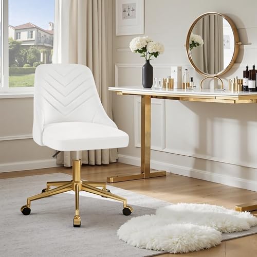 VECELO Velvet Vanity Desk Chair with Height-Adjustable for Office Living Room Bedroom Make Up Study, 360°Swivel, Wheeled Gold Base, White VECELO