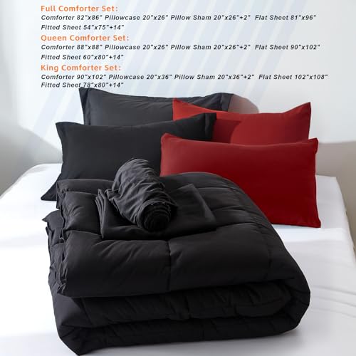 COZYART Full Comforter Set 7 Pcs, Black and Red Bed in a Bag, All Season Lightweight Soft Reversible Bedding Sets, 1 Comforter, 1 Flat Sheet, 1 Fitted Sheet, 2 Pillow Shams, 2 Pillowcases COZYART