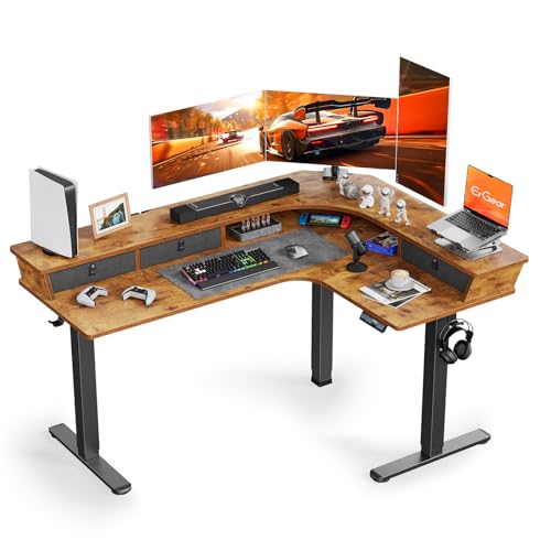 ErGear 65″ L Shaped Standing Desk for Gaming, [3 Drawers & 2 Cable Management Trays] Corner Stand up Desk w/Monitor Shelf Height Adjustable for Home - WoodArtSupply