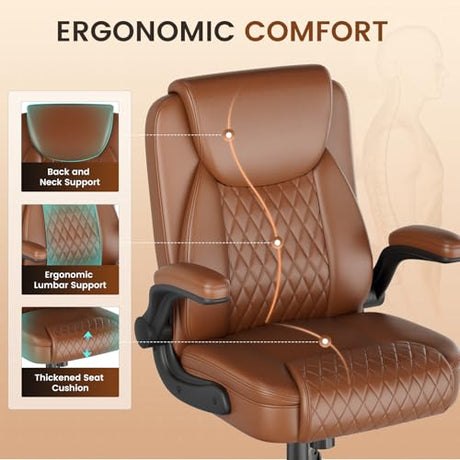 COMHOMA Office Chair 400lbs, Home Desk Chair with Flip-up Arms and Ergonomic Back - Heavy Duty PU Leather Executive Chair for Home Office Gaming, Brown COMHOMA