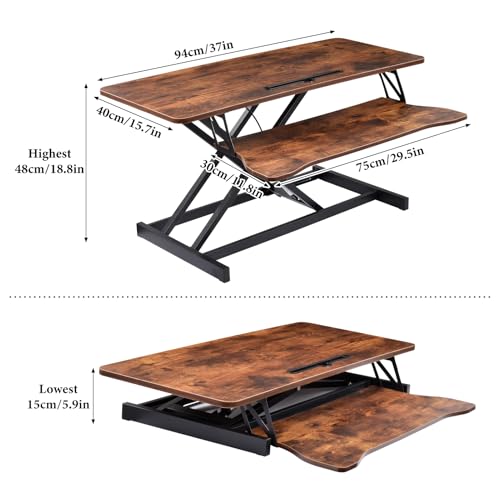 Standing Desk Converter 37 Inch – Easy Assembly Height Adjustable Sit Stand Desktop Riser with GasSpring Lift, Duals Monitor Laptop Workstation and Spacious Keyboard Tray, Ergonomic Converter (Brown) Generic