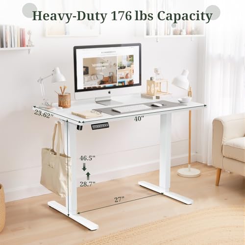 40 x 24 in Electric Standing Desk - Memory Height Adjustable Ergonomic Sit-to-Stand Rising Computer Table Gaming Workstations with 2 Hooks and Wire Hole for Home Office, White SageNest