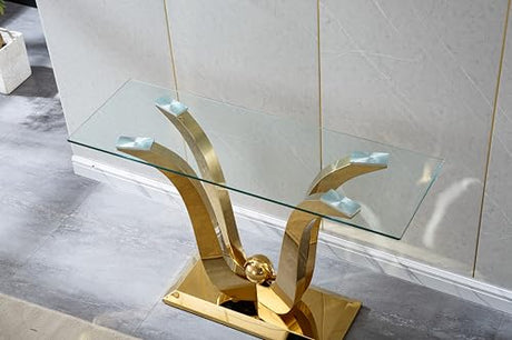 47" Glass Console Table, Long Narrow Tempered Glass Sofa Tables with Double U-Shaped Mirrored Stainless Steel Base, 47 inch Modern Console Tables Luxury Gold Entryway Table for Hallway, Living Room Kootlena