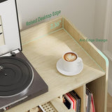 Kiasthome Large Record Player Stand with Storage Cabinet & Rattan Magazine Rack, Vinyl Record Storage Side Table with Solid Wood Legs for Living Room, Bedroom Kiasthome