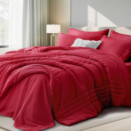 Velorose Queen Comforter Set Red - Bed in a Bag Queen Size 7 Pieces, Soft Bedding Set for All Seasons, Christmas Premium Queen Comforter Set with Comforter, Sheets, Pillowcases & Shams Velorose