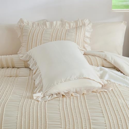 WONGS BEDDING Comforter Set Twin, 6 Pieces Beige Bed in a Bag for Dorm Room Essentials Boho Ruffle Comforter for Twin Bed, Cute Seersucker Shabby Chic Bedding Set 86"×68" WONGS BEDDING