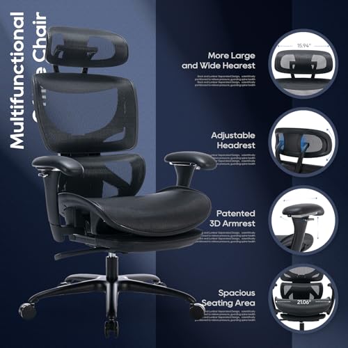 COLAMY Ergonomic Mesh Office Chair with Footrest, Executive High Back Computer Desk Chair with Wide Headrest and Adjustable 3D Arms, Backrest Height, Tilt Lock and Lumbar Support, Black COLAMY