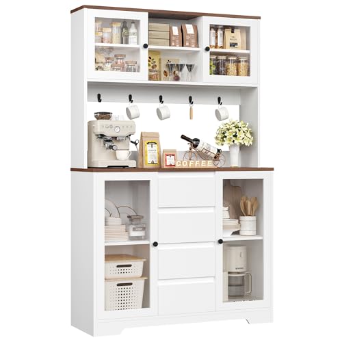 HIFIT 71" Tall Kitchen Pantry Cabinet, Kitchen Hutch Coffee Bar with 4 Drawers & 5 Metal Hooks & 4 Doors & Microwave Stand, Hutch Cabinet for Living Room, Dining Room, White Pantry HIFIT