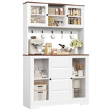 HIFIT 71" Tall Kitchen Pantry Cabinet, Kitchen Hutch Coffee Bar with 4 Drawers & 5 Metal Hooks & 4 Doors & Microwave Stand, Hutch Cabinet for Living Room, Dining Room, White Pantry HIFIT
