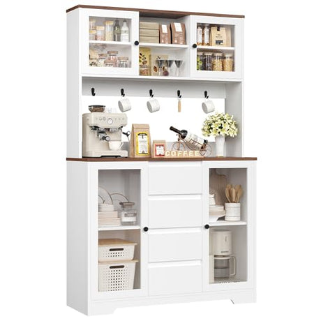 HIFIT 71" Tall Kitchen Pantry Cabinet, Kitchen Hutch Coffee Bar with 4 Drawers & 5 Metal Hooks & 4 Doors & Microwave Stand, Hutch Cabinet for Living Room, Dining Room, White Pantry HIFIT