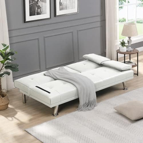 Pu Leather Convertible Futon Sofa Bed,Modern Couch Loveseat Sleeper, 3 in 1 Comfy Folding Recliner Couches Bed for Small Spaces Living Room, Adjustable Backrest, 2 Cupholders for Office (White) Xinmviec