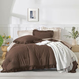 Andency Brown Comforter Full Size, 3 Pieces Solid Farmhouse Shabby Chic Ruffle Bedding Sets, All Season Soft Lightweight Comfy Down Alternative Bed Set for Girls Teens Men Women