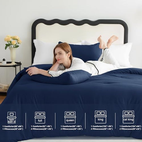 CozyLux Navy Blue Full Size Comforter Set, 3 Pieces Solid Breathable Quilted Style Bedding Sets, Luxury Fluffy Soft Bed Set with Down Alternative Comforter for All Season (1 Comforter & 2 Pillowcases) CozyLux