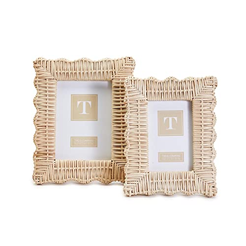 Two's Company 2-Piece 4" x 6" and 5" x 7" Rattan Photo Frame Set, Hand Woven Wicker Weave Natural Wood Rustic Boho Decor Frames