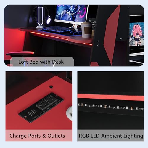 Polibi Wood Full Size Gaming Loft Bed with Desk and Shelf,Bed Frame with LED Light,USB Ports and Storage Cabinet,Red Polibi