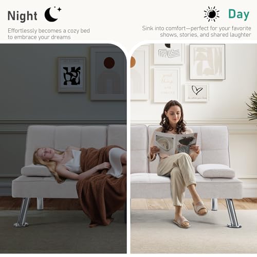 HAOMARKETS Futon Sofa Bed with USB Charging Port, Convertible Futon Couch with 2 Cup Holders,Modern Folding Loveseat Sleeper Couches for Small Spaces, Living Room, White HAOMARKETS
