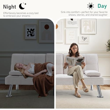 HAOMARKETS Futon Sofa Bed with USB Charging Port, Convertible Futon Couch with 2 Cup Holders,Modern Folding Loveseat Sleeper Couches for Small Spaces, Living Room, White HAOMARKETS