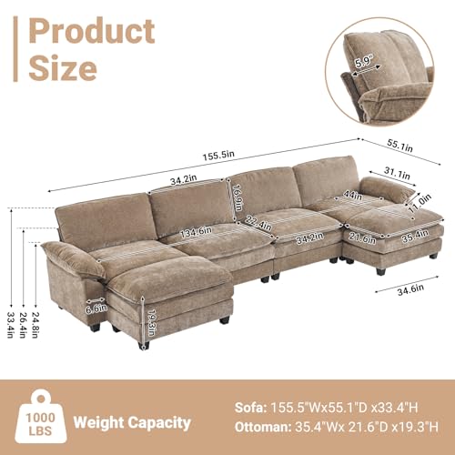 VINGLI 157" Convertible Modular Sectional Sofa with Deep Seat & 2 Movable 2-Layer Ottomans, U-Shape Cloud Sofa with Chaise, Oversized 4-Seater Armrest Couch for Living Room, Chenille, Light-Brown VINGLI