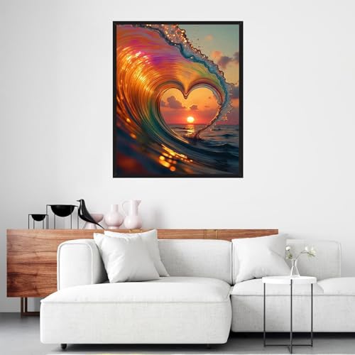 USZDL Sunset Landscape Diamond Art Kits for Adults,Wave Heart 5D Diamond Painting Kits for Beginners,Diamond Dots Round Full Drill Paint with Diamonds Pictures DIY Gem Art Painting Craft Kits 12x16in USZDL