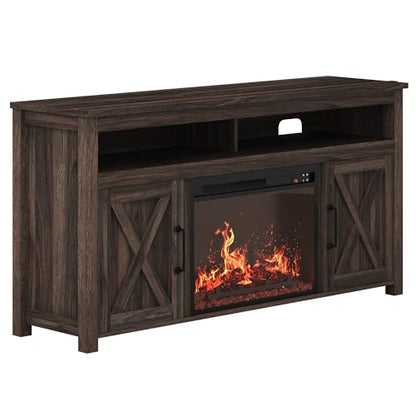 BELLEZE Barn Door Wood Electric Fireplace TV Stand for TVs up to 65 Inches Open Shelves and Cabinets Media Entertainment Center Console Table - Corin (Dark Walnut) - WoodArtSupply