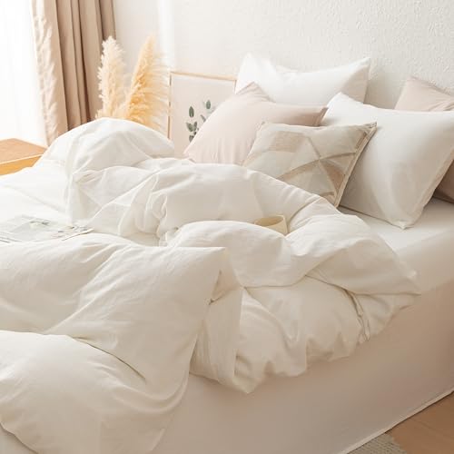 linenestbedding 100% Washed Cotton Duvet Cover Set King Size with Bag Ultra Soft and Lightweight, All Season Bedding with Zipper and Ties, Minimalist Neutral Style (Warm White, King (104"x90")) linenestbedding