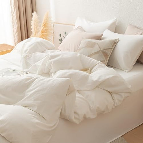 linenestbedding 100% Washed Cotton Duvet Cover Set King Size with Bag Ultra Soft and Lightweight, All Season Bedding with Zipper and Ties, Minimalist Neutral Style (Warm White, King (104"x90")) linenestbedding