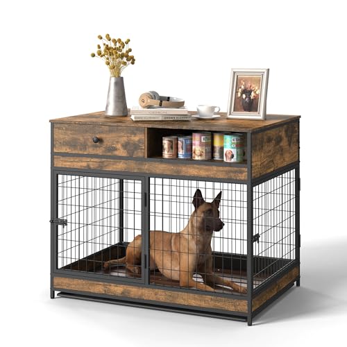 FAVOOSTY Dog Crate Furniture, 31.5 Inch Dog Kennel with Storage Drawer, Double Doors Heavy Duty Dog Cage with Removable Tray, Indoor Wooden Pet Crate for Small Medium Dogs, Rustic Brown