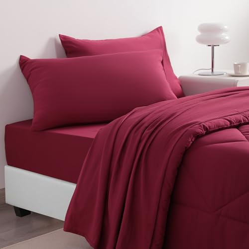 NTBAY Twin Comforter Set with Sheets, 5 Pieces Soft and Breathable Twin Bedding Set, Twin Bed in a Bag, Down Alternative Comforter Set Solid Color All Season, Kids Bedding Set, Wine Red NTBAY