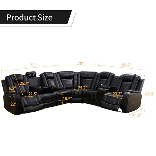 Daydo Sempli Power Reclining Sectional Sofa for Living Room,Modern L-Shaped Black Air Leather Sectional Couch Set,Recliner Sofa Set,with LED Lights,Cup Holder,Storage,Charging Ports,Home Theater Seat