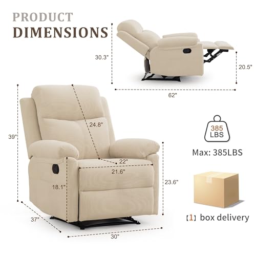 Korser Recliner Chair, Manual Recliner for Adults with Side Pocket, Small Recliners for Small Spaces, Adjustable Comfy Overstuffed Corduroy Reclining Chairs for Living Room, Reading, Bedroom, Beige