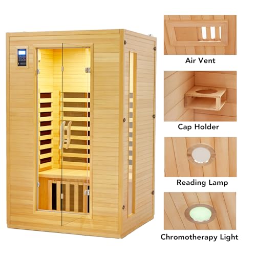 Garvee 2024 Upgrade 2 Person Sauna, 6 Heating Plate Infrared Physical Therapy Wooden Dry Steam Sauna, Low EMF, MP3 Auxiliary Connection, Dual Controls Inside and Outside Fits, Home Spa Day Use