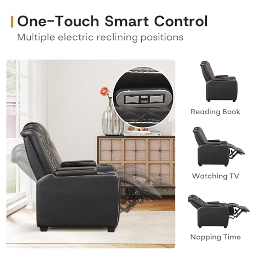 ANJ Power Recliner Home Theater Seating, PU Leather Electric Recliner Chair with Adjustable Headrest,Dual Motor Movie Reclining Chairs with Cup Holders LED Lights,USB Port,Hidden Arm Storage,Black